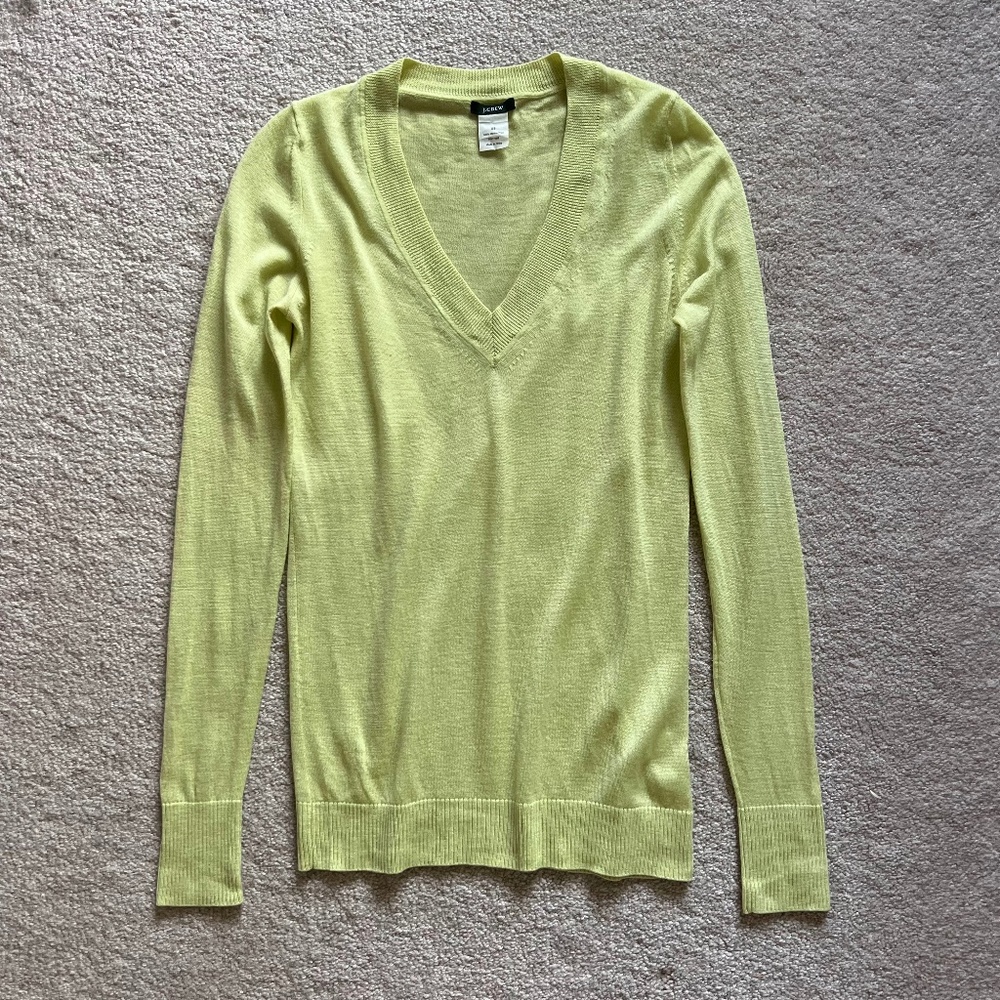 J. Crew Light Green 100% Merino Wool Ribbed V-neck Long Sleeve Sweater Size XS
